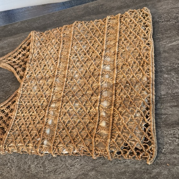 Vintage Crochet Jute Handbag Tan Cream Fabric Lining Double Handles - Picture 3 of 7